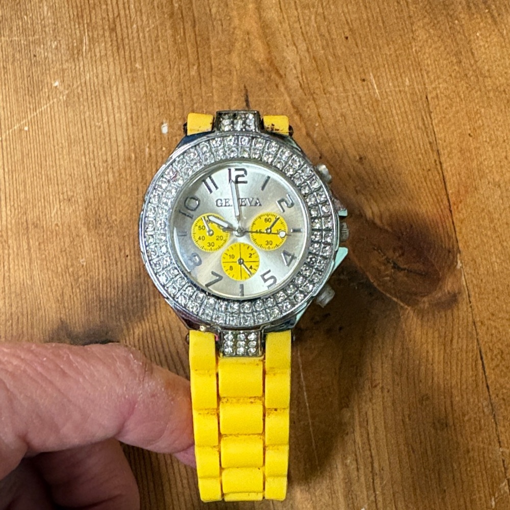 Geneva Watch with Yellow Band and Silver Dial